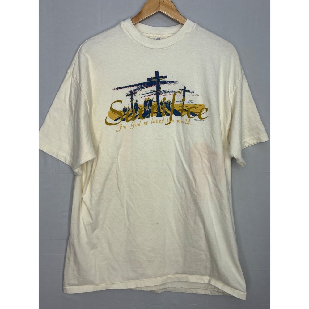 Sacrifice For God Christian Crosses Graphic Tee Mens White XL Vintage 90s Hanes